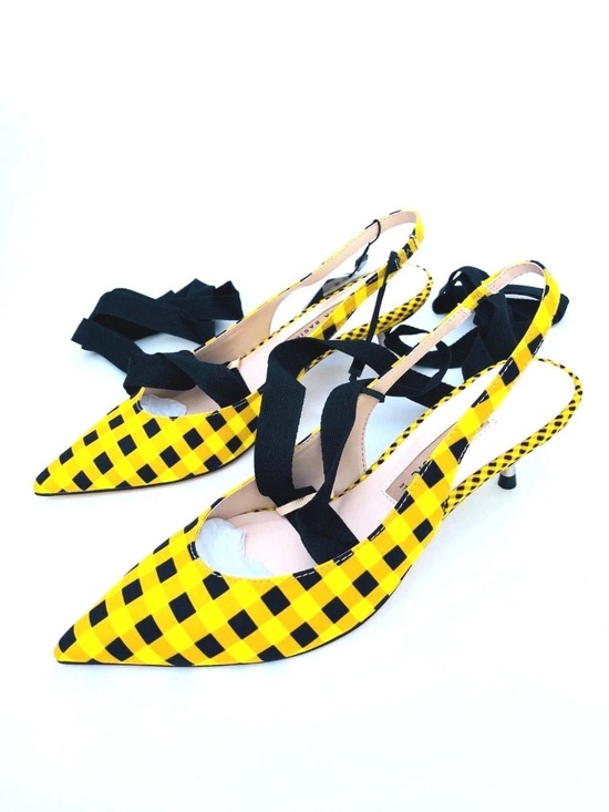Zara Yellow & Black Check Kitten Heel Slingbacks with Ribbon Ties, Size 9, NWT - Picture 7 of 9